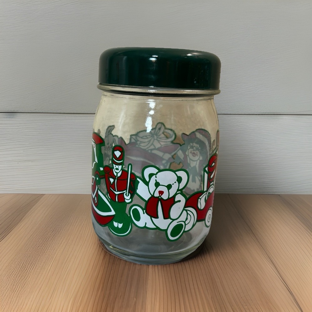 Anchor Hocking Christmas Canister Candy Jar Glass Green‎ Lid Holiday Toys 1980's